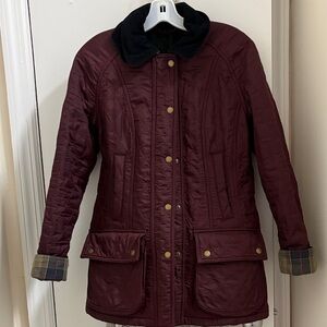 Barbour Maroon Quilted Jacket with Black Collar